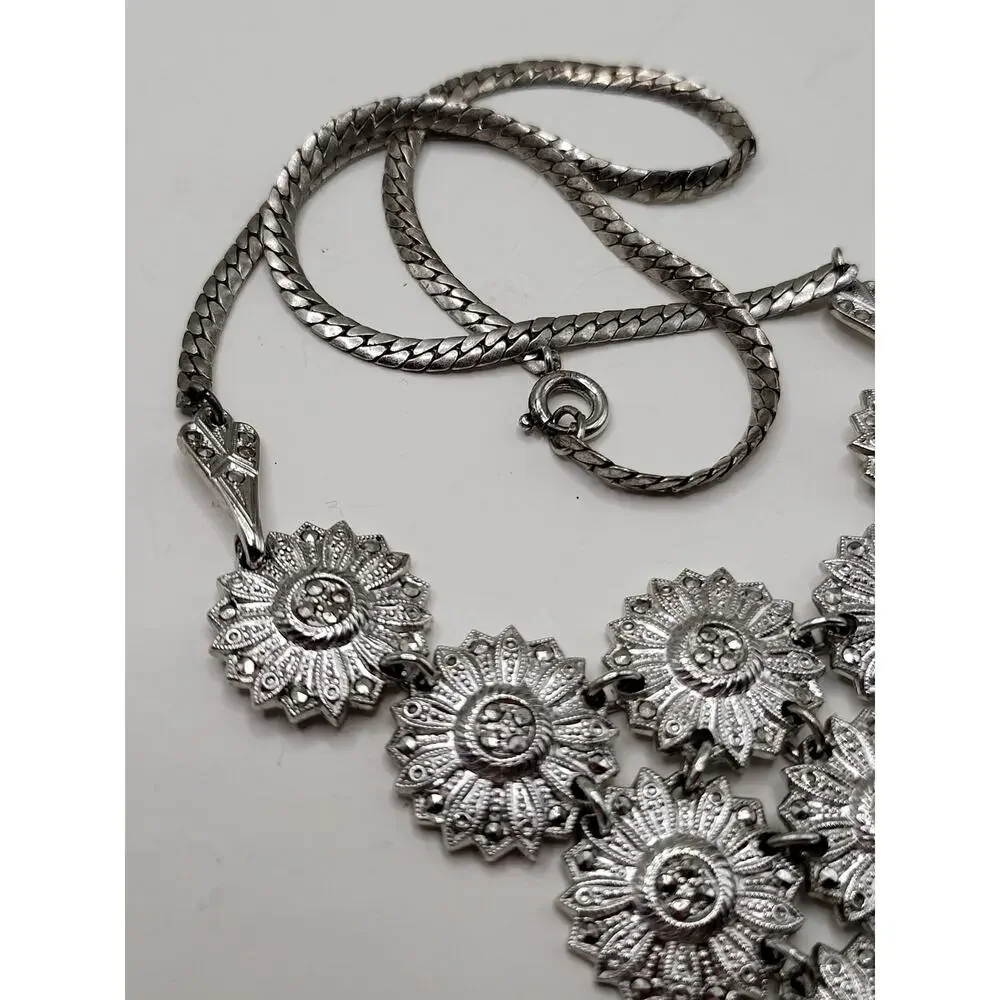 Vintage Floral Necklace Marked Sterling with Marcasite Accents 17 Inch - Picture 4 of 10